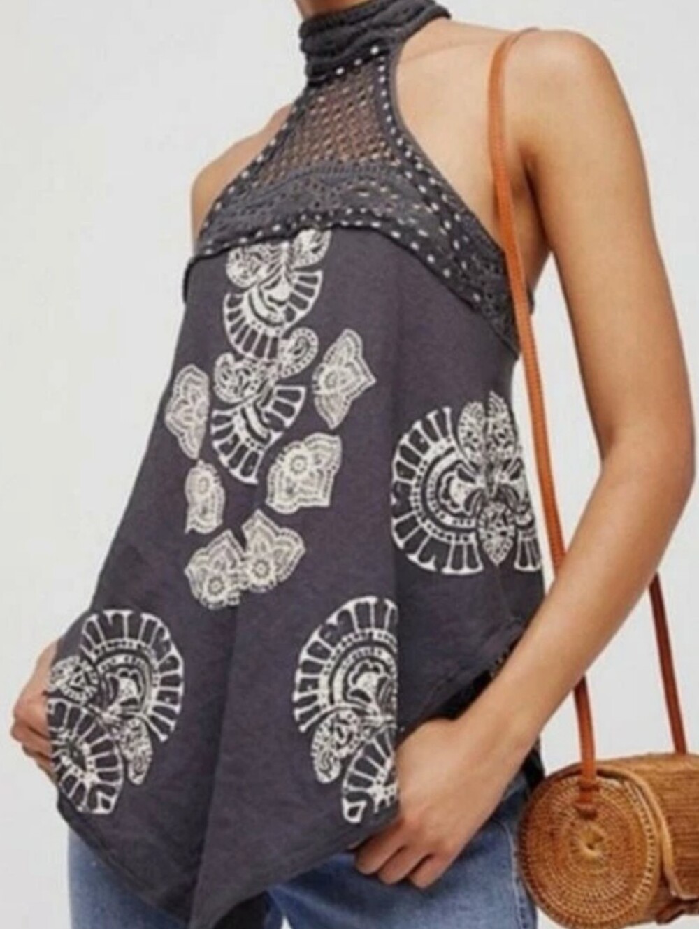 Free People, Mandolin Crochet High Neck Tank Top, Gray, VGUC, Women's XS